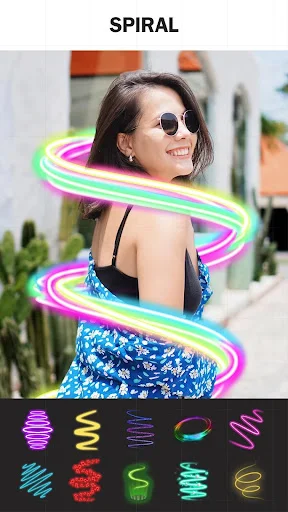 Spiral photo effect with neon rainbow spiral overlay and customizable pattern options