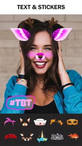 Text and stickers photo editor with emojis, face filters, and customizable text labels for selfies and portraits