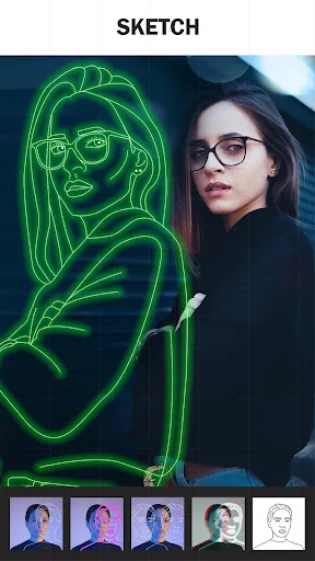 Sketch photo effect with neon line art drawing and multiple sketch style filters for artistic photo transformation