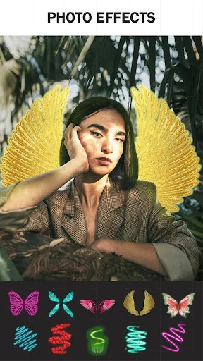 Photo effects with golden wing overlays, butterfly stickers, and colorful design elements for portrait editing