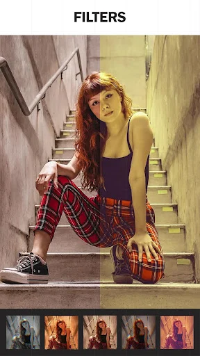 Photo filters with color tone adjustments showing multiple filter styles and before-and-after preview for editing