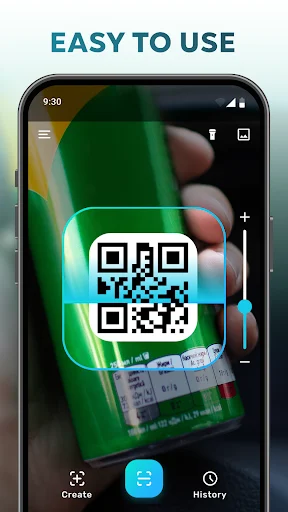 QR code scanner app interface showing easy-to-use scanning feature with camera viewfinder and navigation buttons