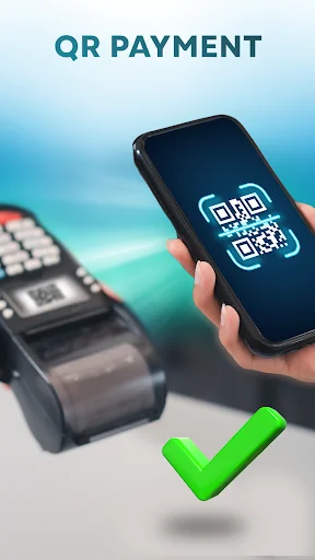 QR payment feature demonstration with smartphone scanning code at payment terminal for mobile transactions