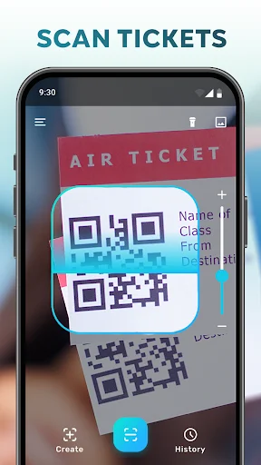 Scan tickets feature showing QR code reader scanning boarding passes and air ticket barcodes on smartphone