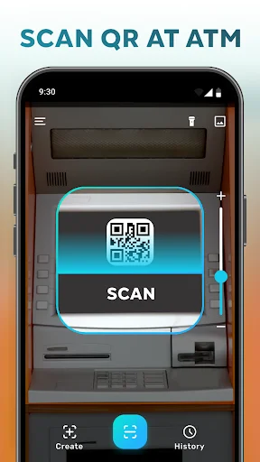 ATM QR code scanning interface with scan button overlay for contactless banking transactions