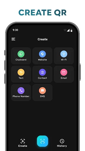 Create QR code menu with options for clipboard, website, Wi-Fi, text, contact, email, phone, and SMS codes