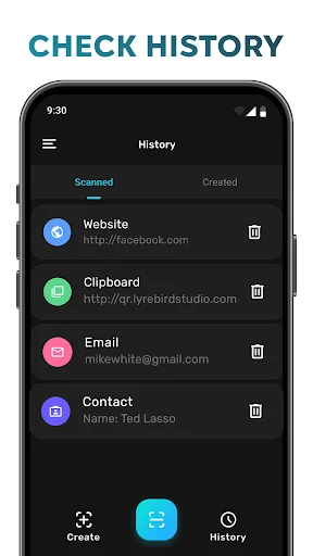 Scan history screen showing saved QR codes including website links, clipboard, email, and contact entries