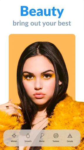 Beauty Camera app showing skin enhancement tools: whiten, smooth, matte, texture, and details for selfie editing