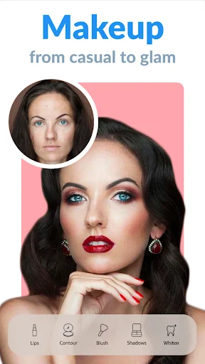 Makeup Camera app displaying before/after makeup transformation with lips, contour, blush, shadow editing features