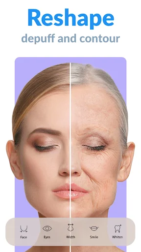 Reshape face feature showing anti-aging effects with face, eyes, width, smile, and skin whitening tools