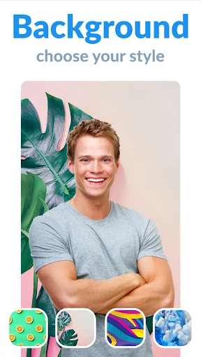 Background editor in Beauty Camera app showcasing customizable backgrounds including tropical and abstract styles