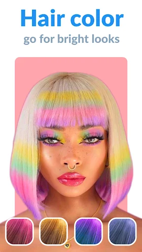 Hair color changer feature displaying rainbow-colored hair with vibrant color palette options for creative looks