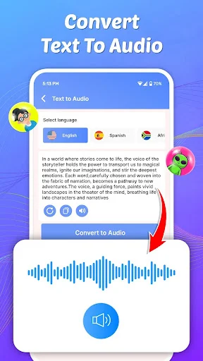 Text to audio converter feature with language selection and waveform output in voice changer app