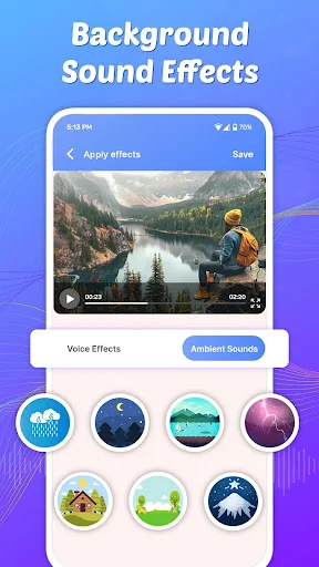 Background sound effects menu with ambient nature sounds and scenic preview video