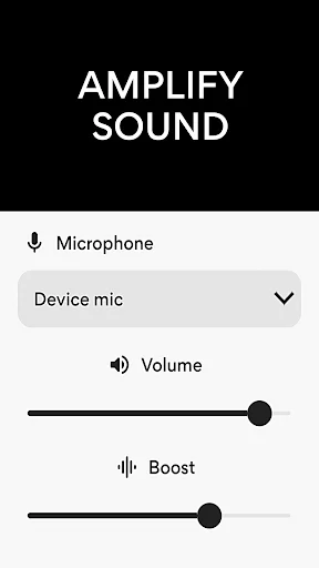 Microphone Amplifier app sound amplification screen with device mic selector, volume and boost sliders