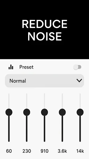 Noise reduction screen with equalizer preset controls and frequency sliders at 60, 230, 910, 3.6k, 14k Hz