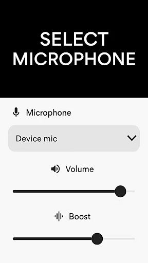 Microphone selection interface for sound amplifier with volume and boost adjustment controls