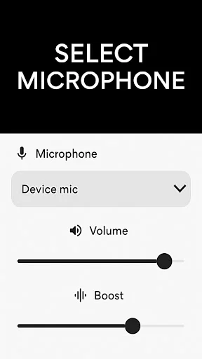 Select microphone input screen for amplifying sound through device mic or headset for louder hearing