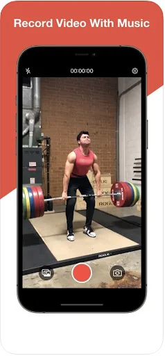 Video recording screen with timer, record button, speaker, and gallery icons. Mideo app for recording fitness videos with music playback.