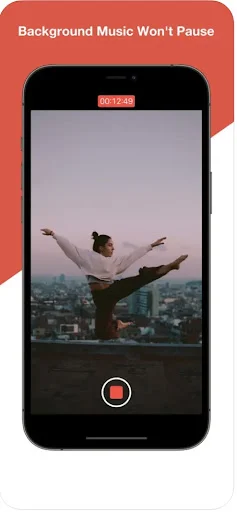 Recording interface with timer display. Background music plays continuously and won't pause during video capture with Mideo app.