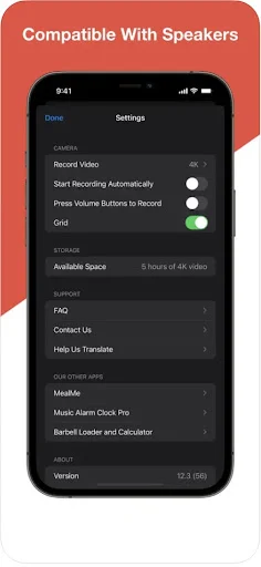 Settings screen displaying camera recording options, grid toggle, storage information, and support features for Mideo app.