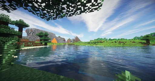 Minecraft HD texture pack displaying enhanced realistic water, village buildings, and detailed scenery