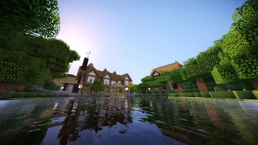 Minecraft 3D texture pack showing detailed mansion, lush trees, water reflection, and high-quality resources