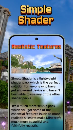 Simple Shader lightweight Minecraft texture pack optimized for low-end devices shown in mobile app with realistic landscape preview