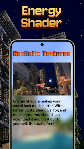 Energy Shader mobile interface displaying improved Minecraft Bedrock graphics with better lighting, shadows, and fog effects at night