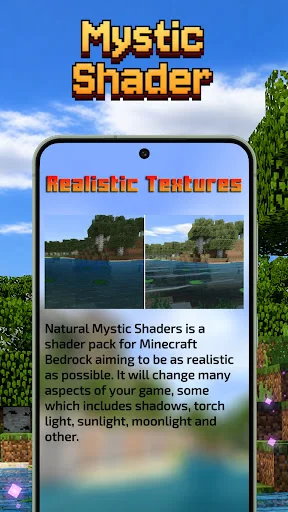 Mystic Shader natural realistic shading effects with water textures for Minecraft Bedrock Edition shown on mobile app screen