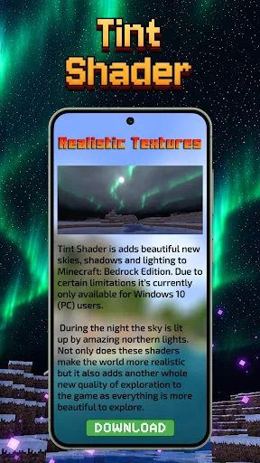 Tint Shader aurora northern lights effect preview for Minecraft Bedrock Edition with enhanced lighting available for Windows 10 download