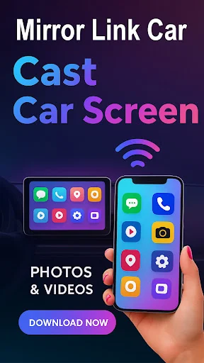 Smartphone with colorful app icons wirelessly mirrored to car dashboard display via WiFi connection for screen casting