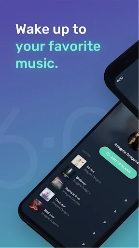 Mornify app onboarding screen displaying 'Wake up to your favorite music' with song library showing album artwork and play options