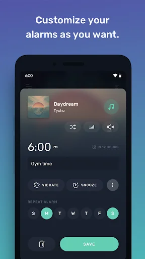 Mornify alarm customization screen for 6:00 PM 'Gym time' showing selected song 'Daydream', vibrate and snooze options, repeat days