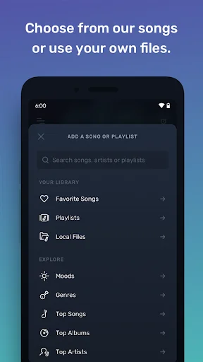 Mornify song and playlist selection screen with search bar, browse options including Favorite Songs, Playlists, Local Files, and categories