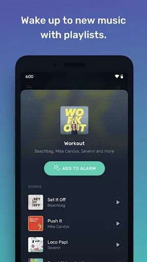 Mornify playlist view showing 'Workout' playlist with song details and 'ADD TO ALARM' button to use as alarm tone