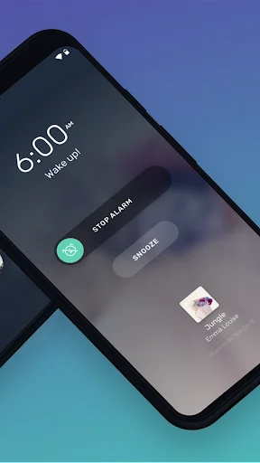 Mornify alarm interface showing 6:00 AM wake time with 'STOP ALARM' and 'SNOOZE' buttons and current song album artwork