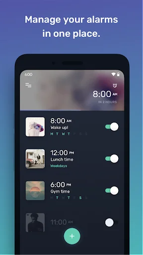 Mornify alarm management screen listing multiple scheduled alarms with times, names, album art, and toggle switches to enable or disable
