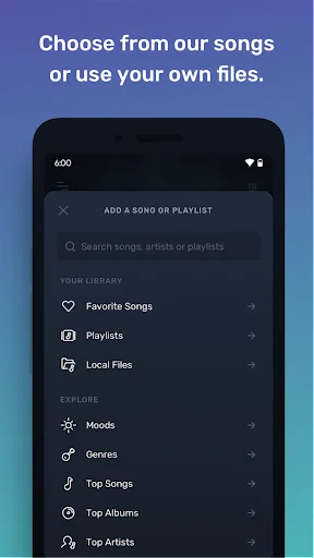 Mornify song and playlist selection screen with search bar, browse options including Favorite Songs, Playlists, Local Files, and categories