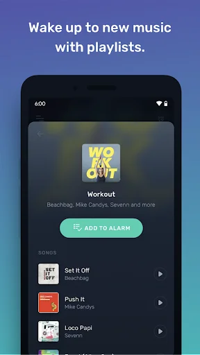 Mornify playlist view showing 'Workout' playlist with song details and 'ADD TO ALARM' button to use as alarm tone