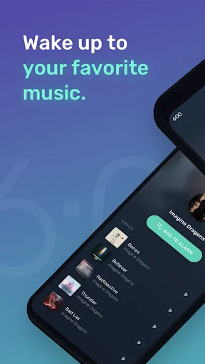 Mornify app onboarding screen displaying 'Wake up to your favorite music' with song library showing album artwork and play options
