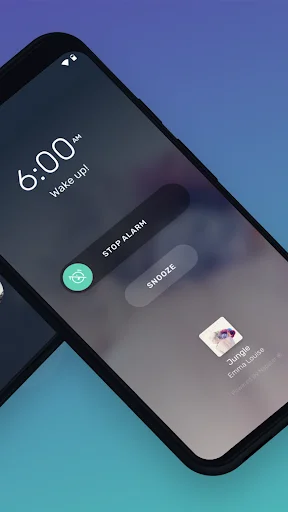 Mornify alarm interface showing 6:00 AM wake time with 'STOP ALARM' and 'SNOOZE' buttons and current song album artwork
