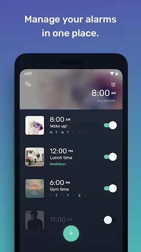 Mornify alarm management screen listing multiple scheduled alarms with times, names, album art, and toggle switches to enable or disable