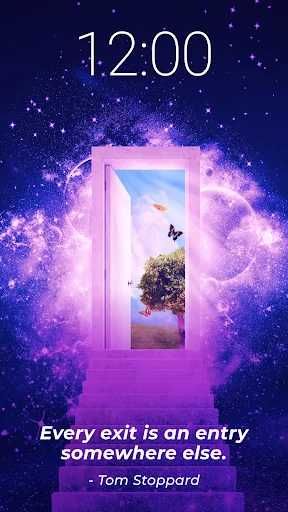 Motivational quote displayed with cosmic background showing Tom Stoppard quote about exits and entries