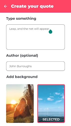 Create custom quote screen with text input, author field, and background selection in motivation app