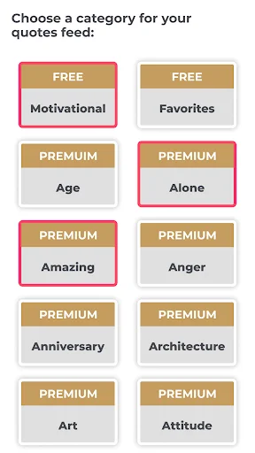 Quote category selection screen showing free and premium motivational topics including Alone, Anger, Art categories
