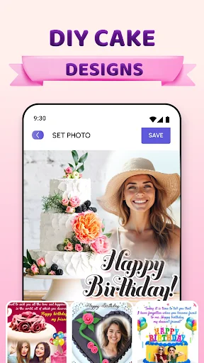 DIY birthday cake design with photo selection and Happy Birthday template preview with save