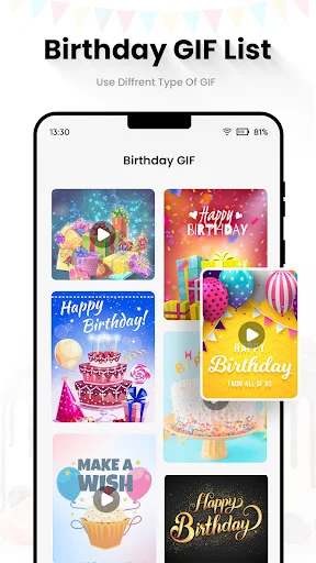 Birthday GIF library with animated celebration, balloons, and party motion graphics