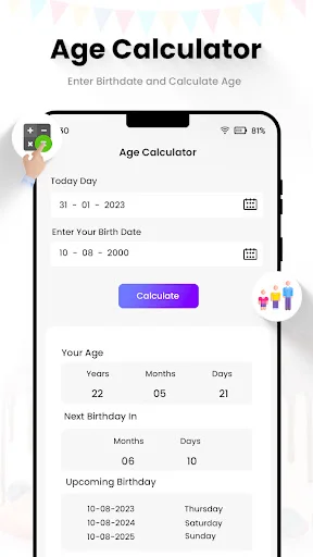 Birthday age calculator with date entry, age calculation, and next birthday countdown