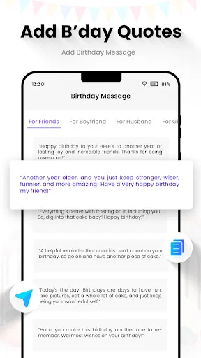 Birthday wishes and quotes collection with categorized messages for friends and loved ones